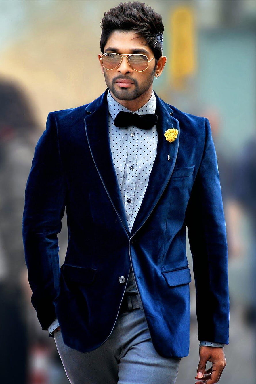 Allu Arjun in a navy velvet blazer with bow tie and aviator sunglasses HD phone wallpaper