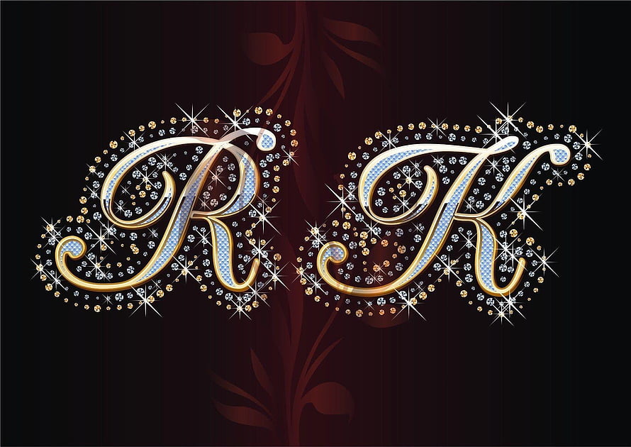 Elegant Gold and Silver Initials R and K with Sparkling Diamond Accents on Dark Floral Background HD wallpaper