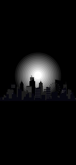Minimalist Black City Skyline with Glowing Moon and Ferris Wheel Silhouette HD phone wallpaper