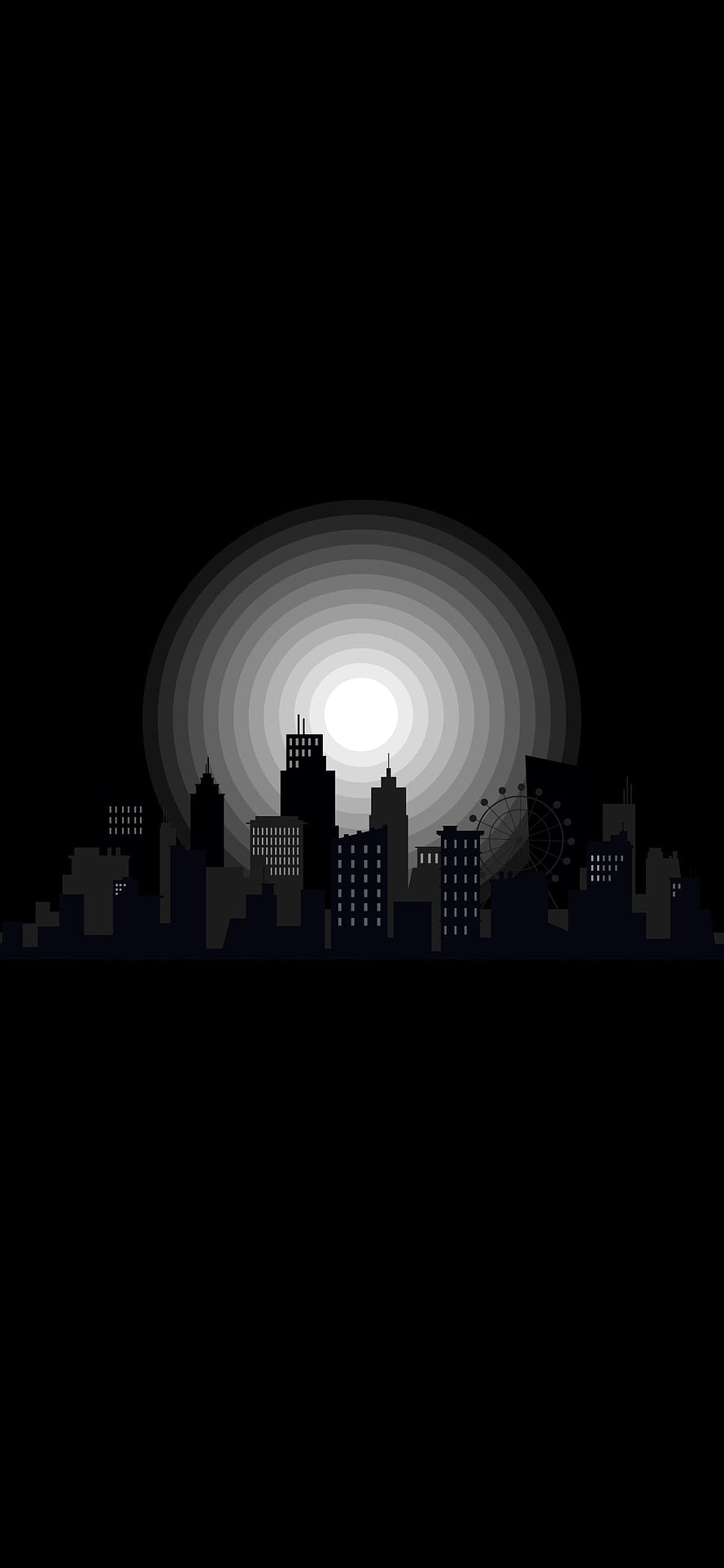 Minimalist Black City Skyline with Glowing Moon and Ferris Wheel Silhouette HD phone wallpaper