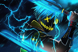 Anime Villain Wielding Dual Glowing Swords Amidst Blue Lightning Storm HD wallpaper