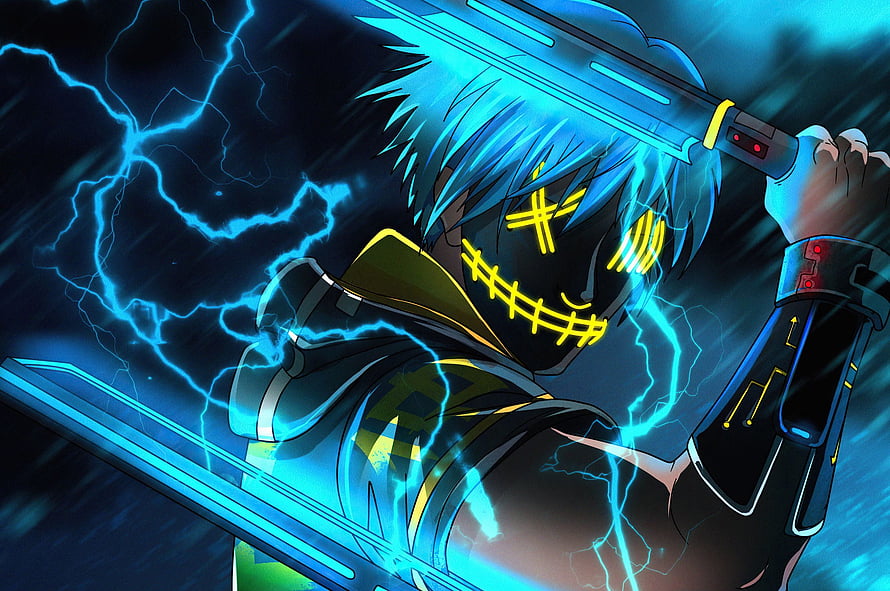 Anime Villain Wielding Dual Glowing Swords Amidst Blue Lightning Storm HD wallpaper