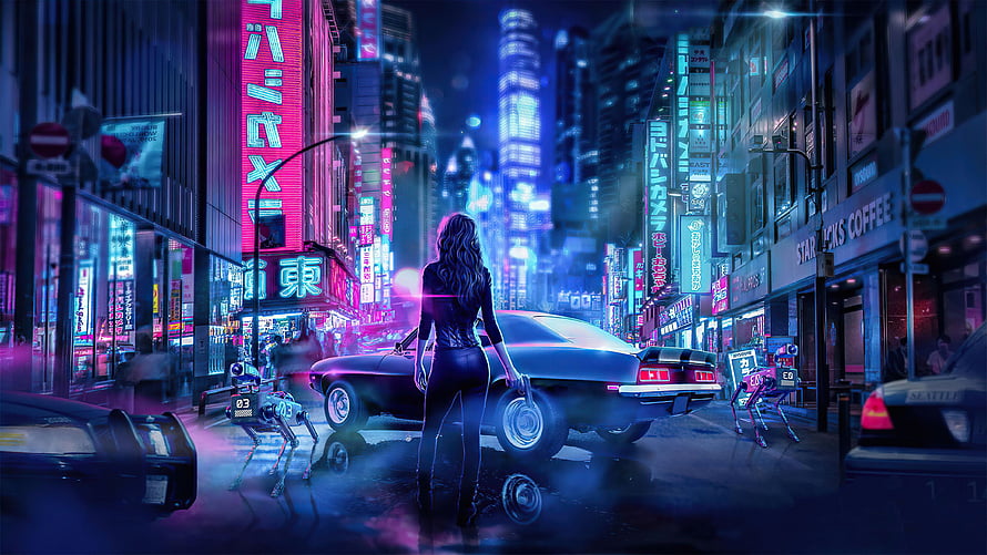 Cyberpunk Woman Standing in Neon-Lit Japanese City Street at Night, Cyber Japan Neon Lights Girl With Gun Cyber Japan Neon Lights Girl With Gun, anime cyber city HD wallpaper