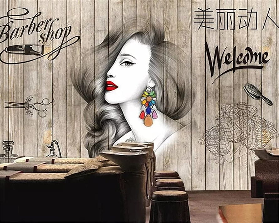 Vintage Barber Shop Wall Mural Featuring Elegant Woman Portrait and Salon Tools, beibehang Custom fashion hair salon hairdresser beauty salon barber shop backgrounds wall decoration 3d mura HD wallpaper
