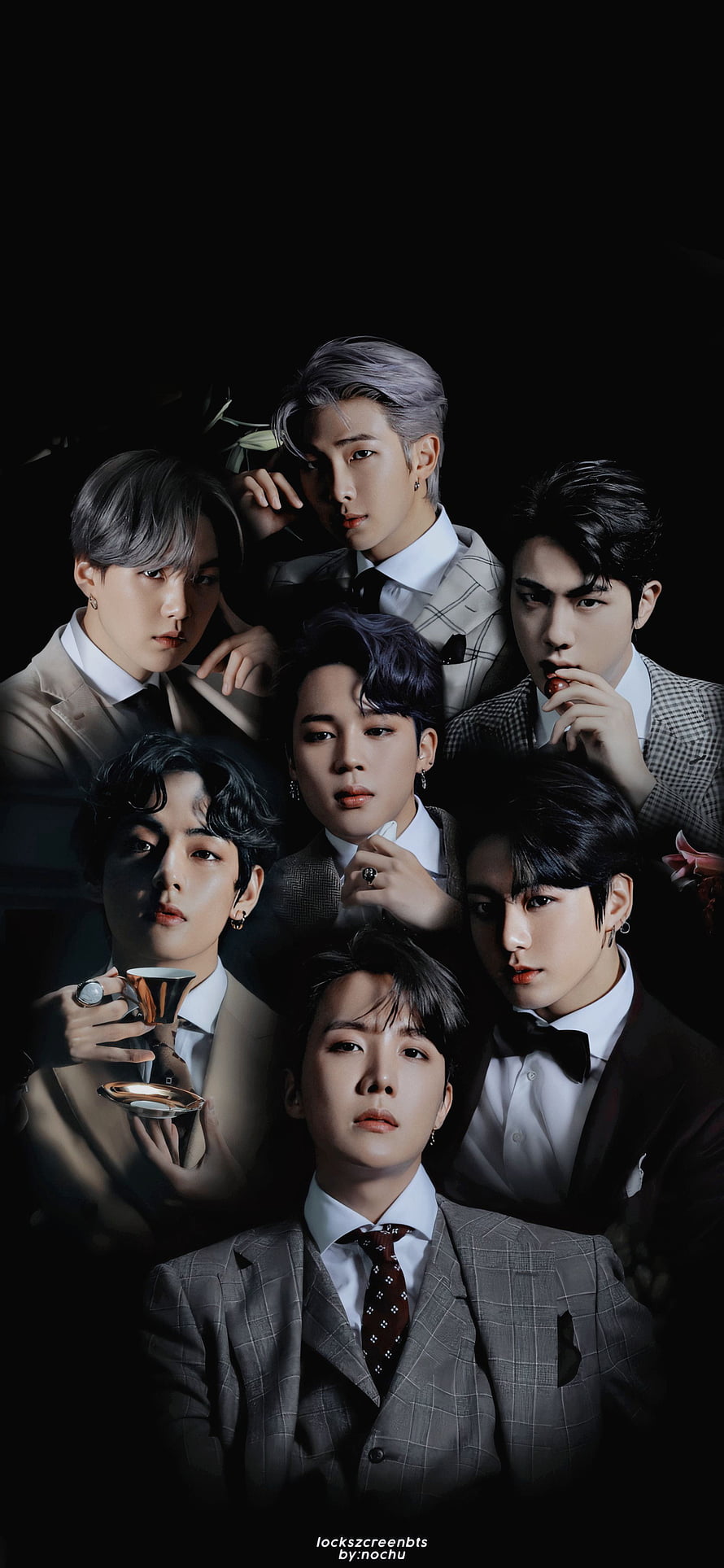 BTS members in formal suits and ties posing against a dark background HD phone wallpaper