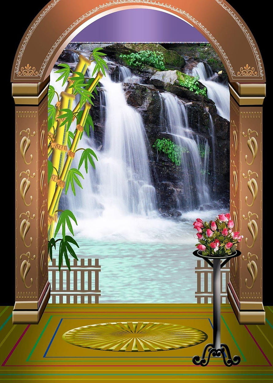 Ornate Archway Framing Serene Waterfall With Bamboo And Pink Roses HD phone wallpaper