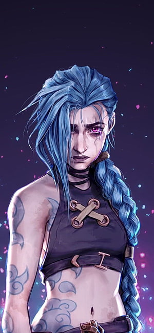 Jinx from Arcane with blue braided hair, purple eyes, and tattoos in a dark fantasy style HD phone wallpaper