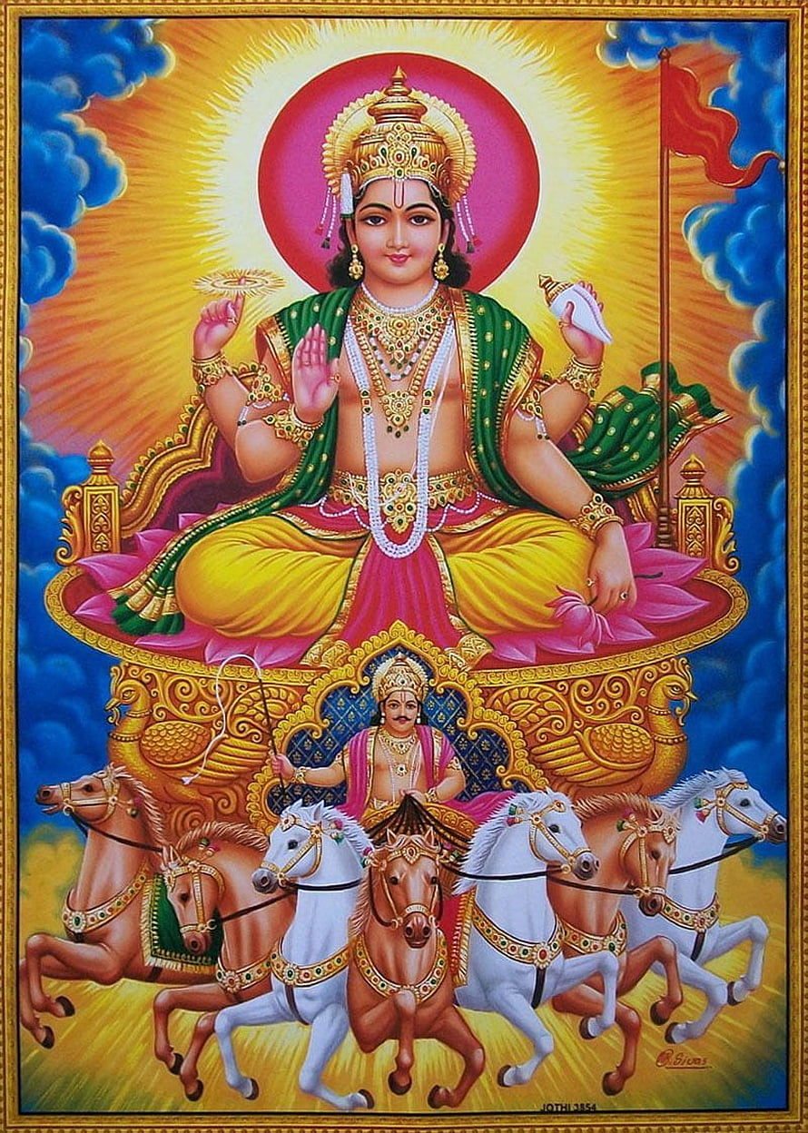 Lord Surya Hindu God Sun Deity Riding Seven Horse Chariot Art HD phone wallpaper
