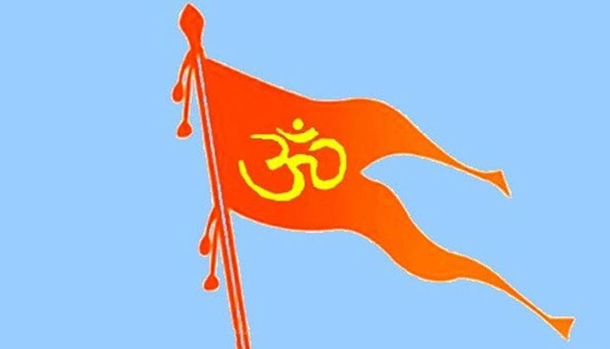 Saffron Bhagwa Dhwaj Flag With Om Symbol Against Blue Sky HD wallpaper