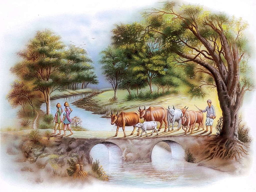 Pastoral Scene of Herders and Cattle Crossing a Stone Arch Bridge in a Lush Landscape HD wallpaper