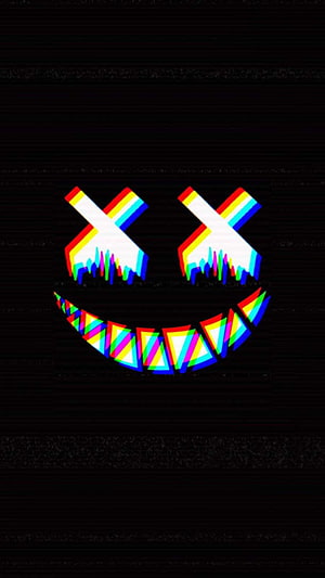 Dead Smile Glitch Art with Neon Rainbow X Eyes and Jagged Teeth on Black Background HD phone wallpaper