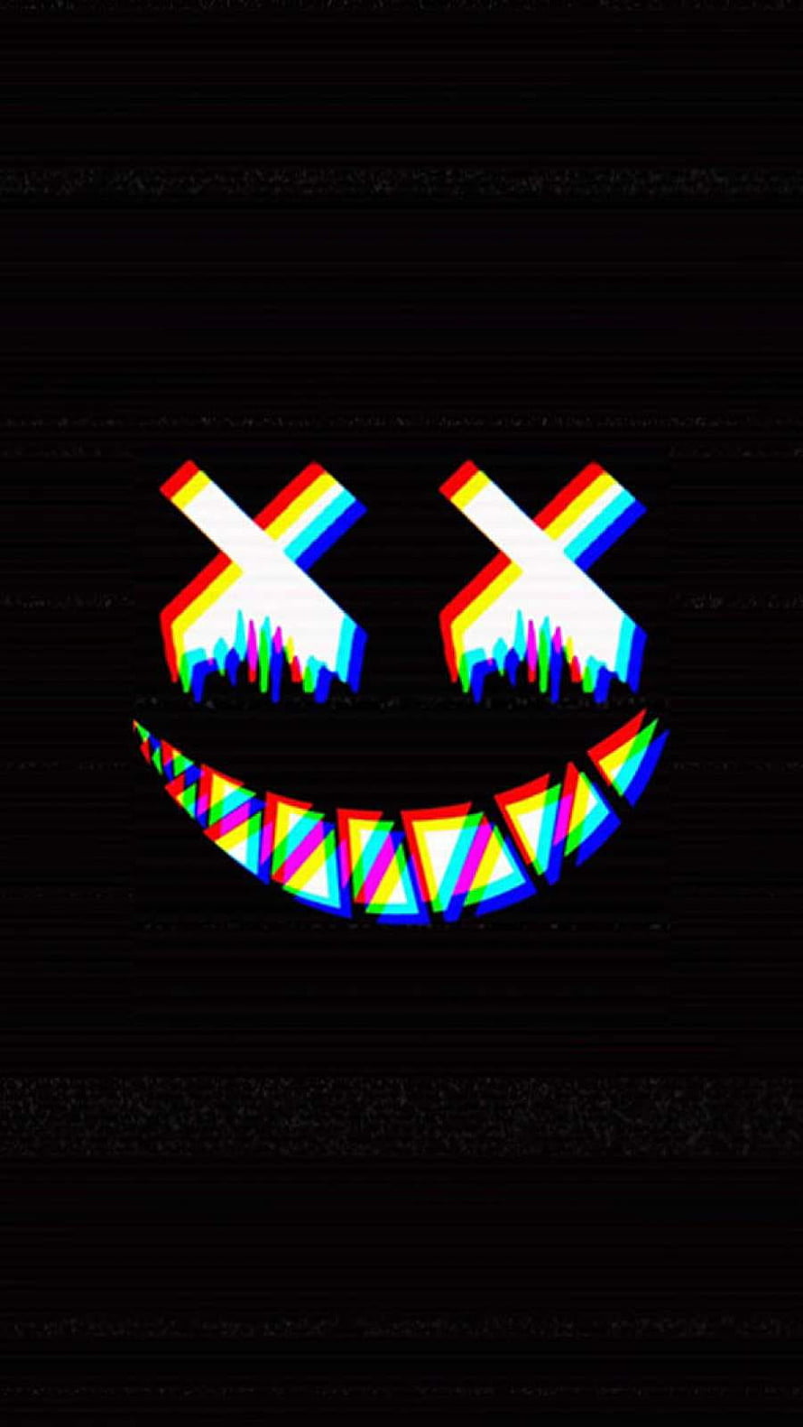 Dead Smile Glitch Art with Neon Rainbow X Eyes and Jagged Teeth on Black Background HD phone wallpaper