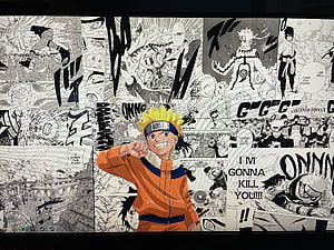 Naruto Uzumaki in Orange Jumpsuit Over Black and White Manga Panels HD wallpaper
