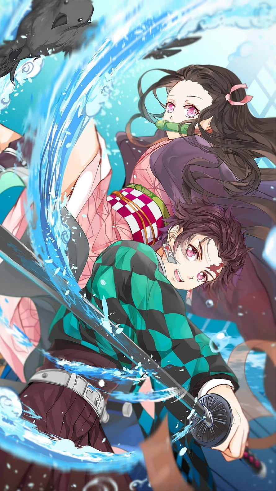 Tanjiro and Nezuko Kamado from Demon Slayer in Dynamic Water Combat Scene HD phone wallpaper