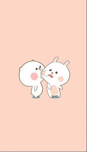 Cute White Cartoon Rabbit and Bear Kissing on Soft Pink Background HD phone wallpaper