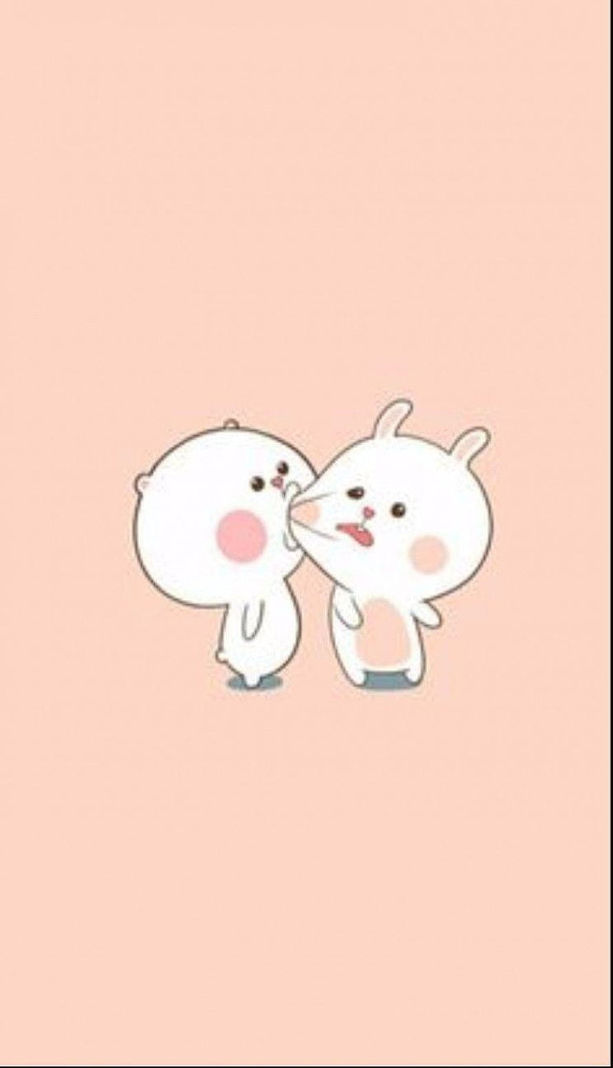 Cute White Cartoon Rabbit and Bear Kissing on Soft Pink Background HD phone wallpaper