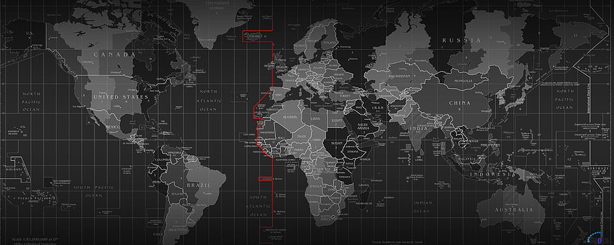 Dark Grayscale World Map With Red Route Line And Grid Overlay HD wallpaper