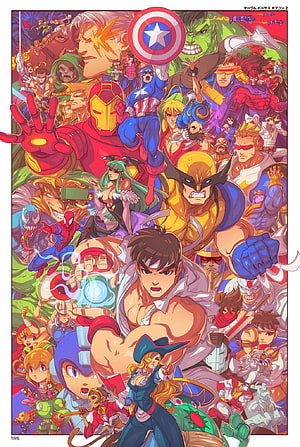 Marvel vs Capcom 2 Character Lineup Illustration Featuring Iron Man, Captain America, and Wolverine HD phone wallpaper