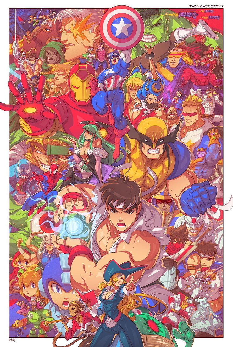 Marvel vs Capcom 2 Character Lineup Illustration Featuring Iron Man, Captain America, and Wolverine HD phone wallpaper