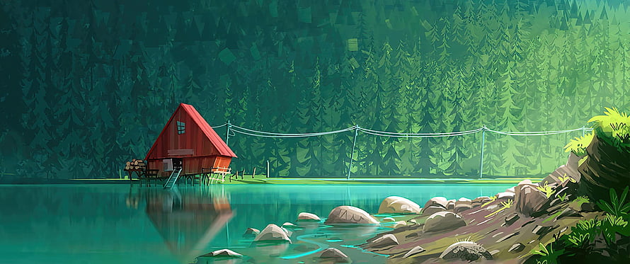 Serene Red Cabin on Lake Shore Surrounded by Pine Forest HD wallpaper