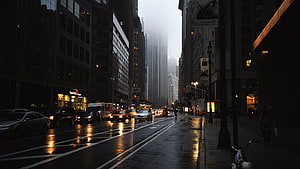 Moody Wet Street Scene in New York City with Traffic and Skyscrapers HD wallpaper