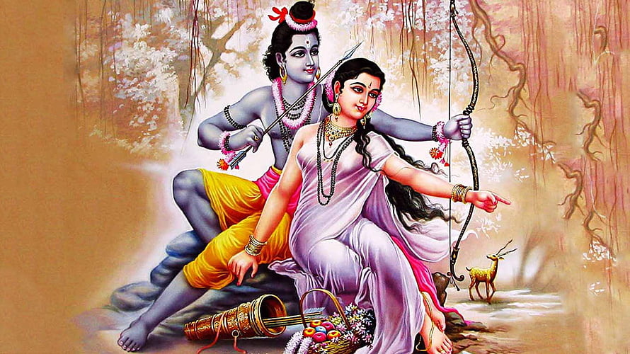 Lord Rama and Sita in the Forest with Bow and Arrow Traditional Indian Painting HD wallpaper
