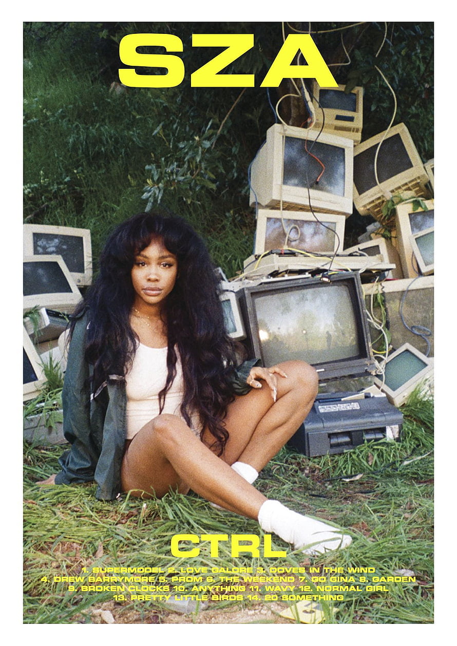 SZA CTRL Album Cover Artwork Featuring Artist Seated Among Vintage CRT Monitors in Grass HD phone wallpaper