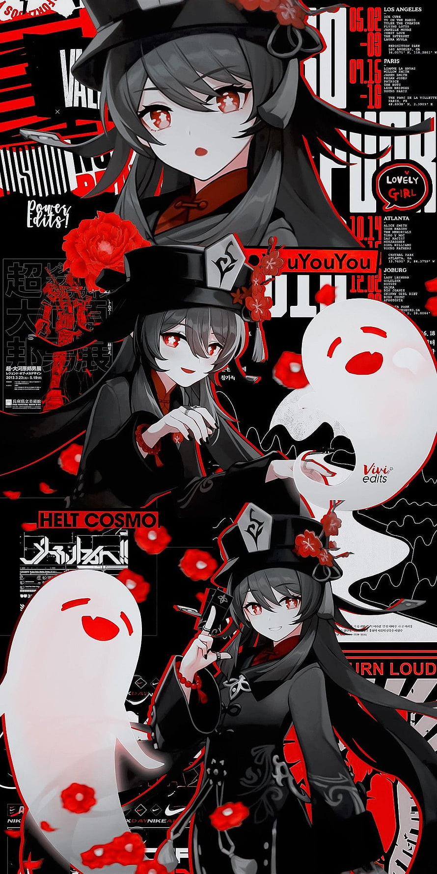 Collage of an anime girl with black hair and red eyes wearing a hat and holding a ghost HD phone wallpaper