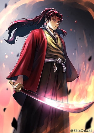 Yoriichi Tsugikuni Demon Slayer Anime Character Artwork with Katana and Fire Background HD phone wallpaper