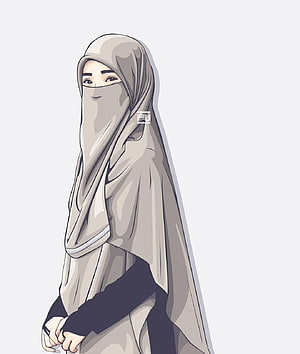 Digital illustration of a woman wearing a beige niqab and hijab with a black abaya, featuring soft shading and a minimalist white background, Gambar Keren Anime Hijab, #anime hijab HD phone wallpaper