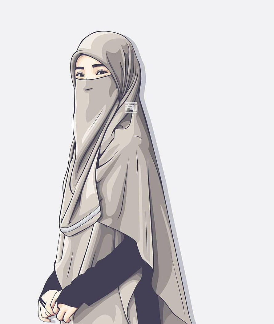 Digital illustration of a woman wearing a beige niqab and hijab with a black abaya, featuring soft shading and a minimalist white background, Gambar Keren Anime Hijab, #anime hijab HD phone wallpaper