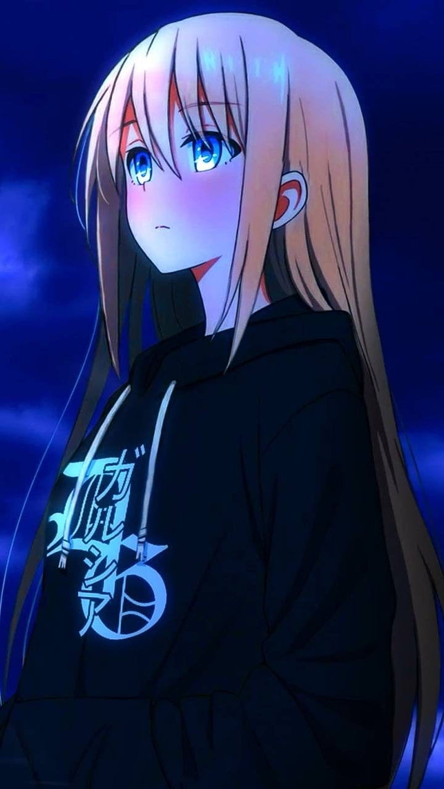 Anime Girl With Long Blonde Hair And Blue Eyes Wearing Black Hoodie HD phone wallpaper