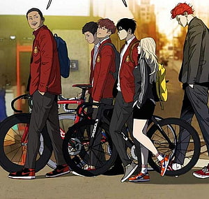 Wind Breaker Anime Group of Students with Bicycles in School Uniforms HD wallpaper