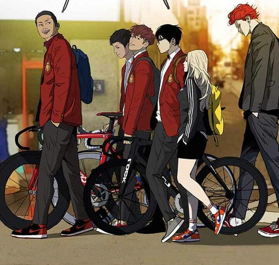 Wind Breaker Anime Group of Students with Bicycles in School Uniforms HD wallpaper