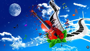 Red Violin and Piano Keys with Music Notes and Rose Under a Full Moon Sky HD wallpaper