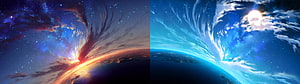 Split Screen Planet Horizon With Sunrise And Moonlight Clouds HD wallpaper