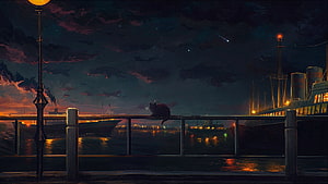 Lone Cat Sitting on Pier Railing Overlooking Harbor at Night with Ships and Stars HD wallpaper