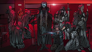 Ordem Paranormal Comic Artwork Featuring Hooded Figures and Central Masked Character HD wallpaper
