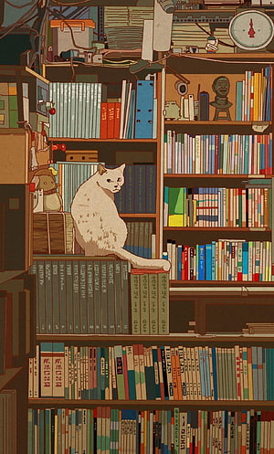 White Cat Sitting on Bookshelf in Cozy Library Interior Illustration HD phone wallpaper