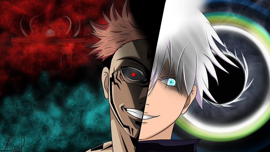 Gojo Satoru and Sukuna Split Face Anime Wallpaper HD wallpaper