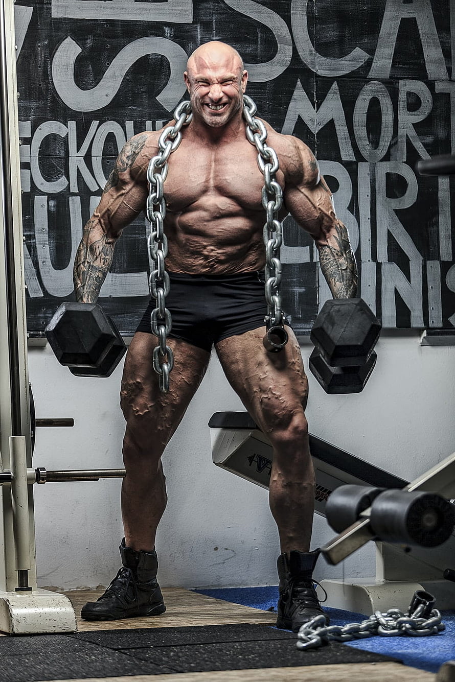 Muscular Bodybuilder Lifting Dumbbells With Heavy Chain In Gym HD phone wallpaper