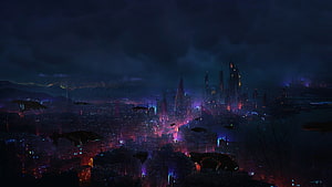 Neon-Lit Cyberpunk Cityscape at Night with Flying Vehicles and Towering Skyscrapers HD wallpaper