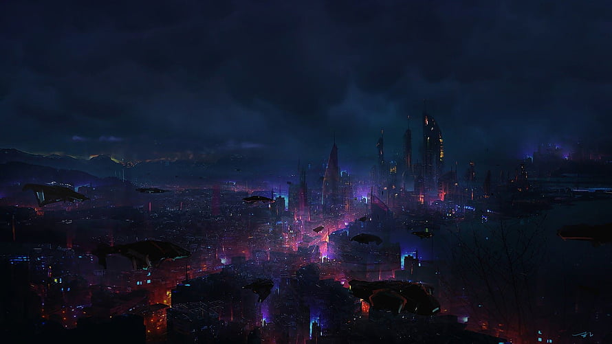 Neon-Lit Cyberpunk Cityscape at Night with Flying Vehicles and Towering Skyscrapers HD wallpaper