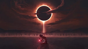 Astronaut kneeling in water under a solar eclipse with a glowing beam and approaching silhouettes HD wallpaper