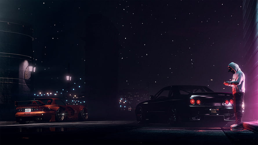 Neon-lit Night Scene with Modified Sports Cars and Hooded Figure HD wallpaper
