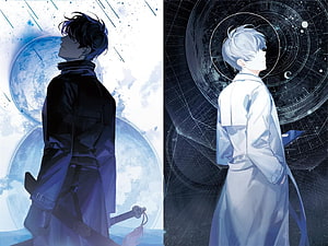 Dual Anime Male Characters in Blue and White Coats with Celestial Backgrounds HD wallpaper