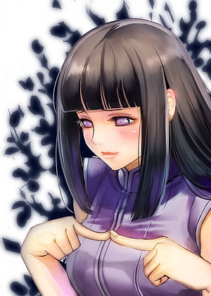 Hinata Hyuga from Naruto in a purple sleeveless top with a soft smile and dark floral background HD phone wallpaper