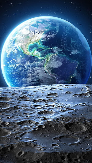 Earth Rising Over the Moon's Cratered Surface in Deep Space HD phone wallpaper