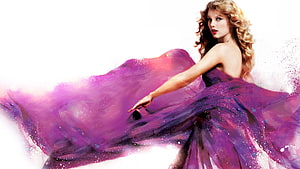 Taylor Swift in a flowing purple gown with a cosmic galaxy texture on a white background HD wallpaper