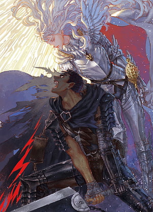 Guts and Griffith in Dramatic Fantasy Illustration from Berserk HD phone wallpaper